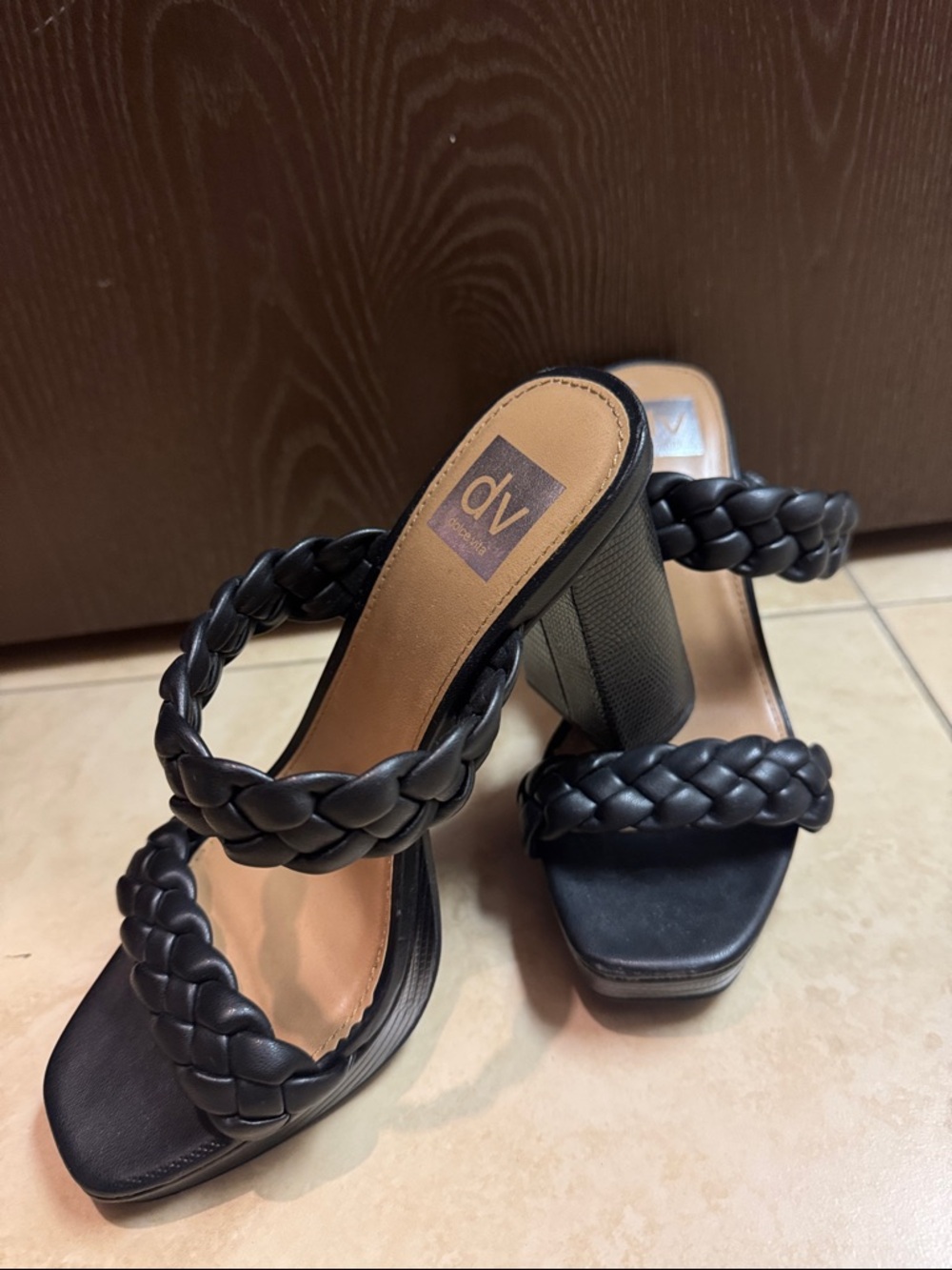 DV Black Braided Strap Block Heel Sandals
